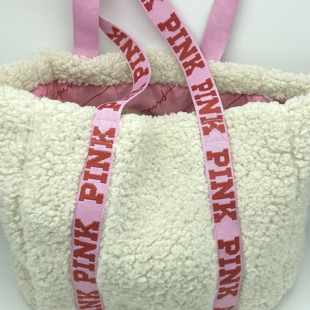 Victoria's Secret PINK Plush Sherpa Tote Bag Winter White Logo Straps Barbiecore